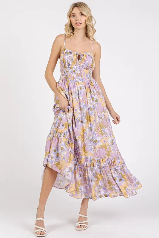 Floral Smocked Back Ruffled Hem Maxi Cami Dress in Lavender - product view 1