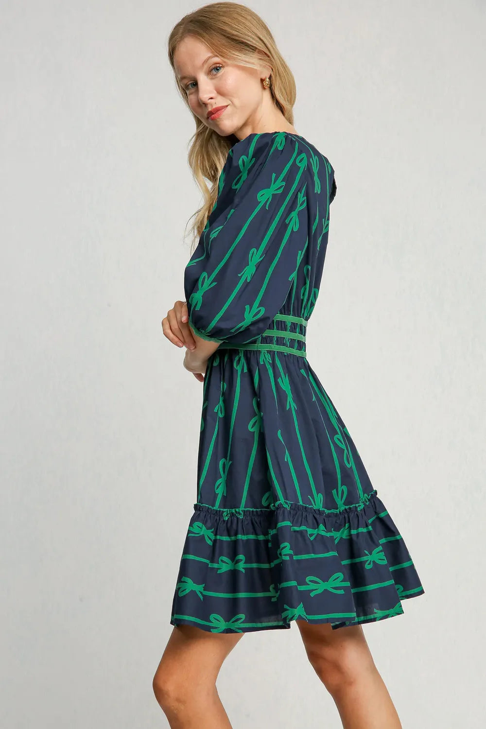 Ribbon Print Frill Contrast Velvet Trim Half Sleeve Dress in Navy - product view 3