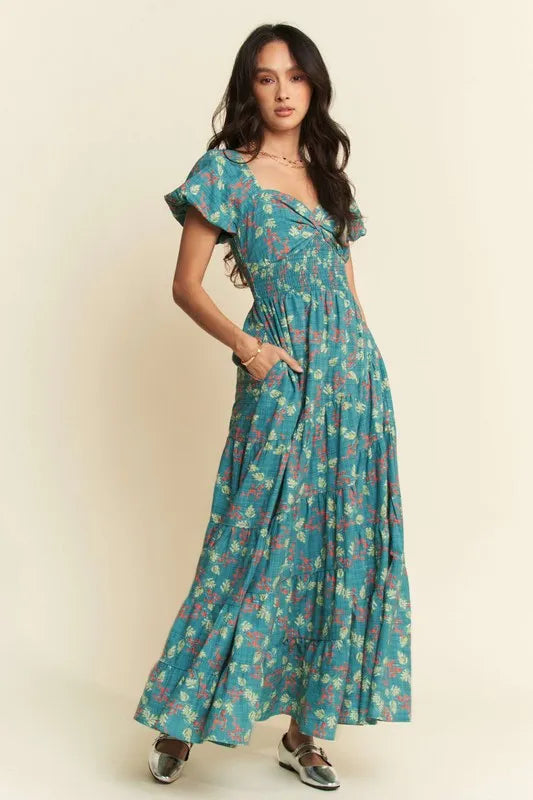 Lightweight Sweetheart Neck Textured Tiered Maxi Dress in Teal Green - product view 4