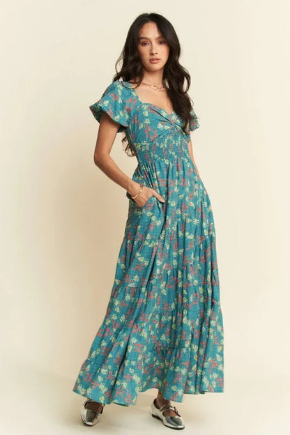 Lightweight Sweetheart Neck Textured Tiered Maxi Dress in Teal Green - product view 4