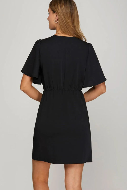 Ruffled Surplice Short Flutter Sleeve Mini Dress in Black - product view 2