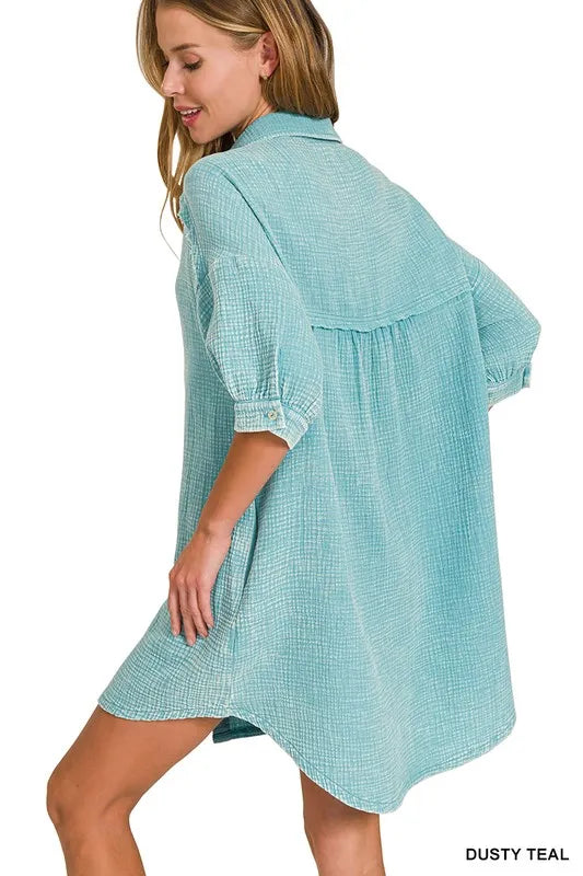 Washed Double Gauze Button Down Shirt Dress - Dusty Teal - product view 3