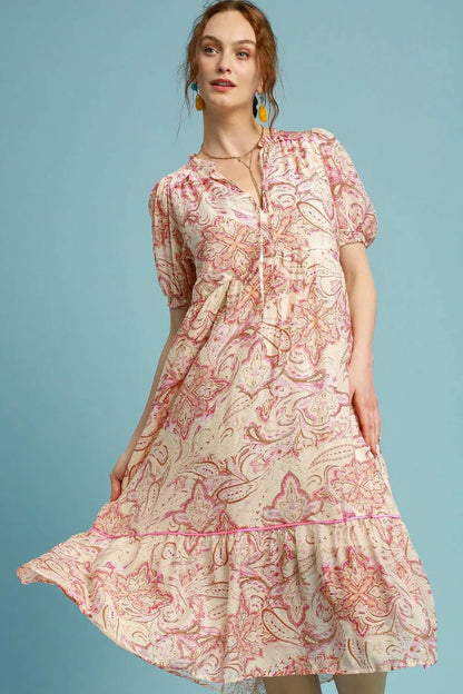 Full Size Printed Puff Short Sleeve Midi Dress Plus Size - Pink Mix - product view 1