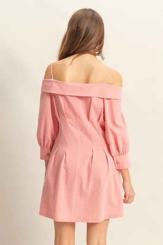 Button Down Spaghetti Strap Mini Dress with Pockets - Coral - product view 3