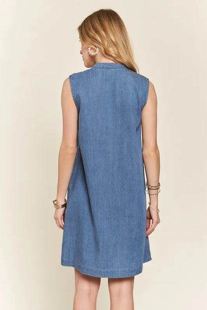 Notched Sleeveless Denim Dress with Pockets in Medium - product view 7