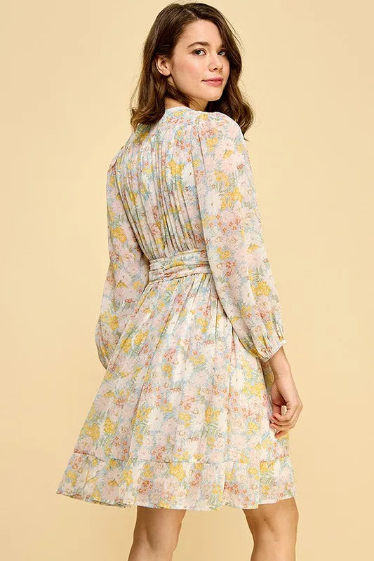 Chiffon Floral Print Belted Dress with Back Zipper - Blue Floral - product view 3