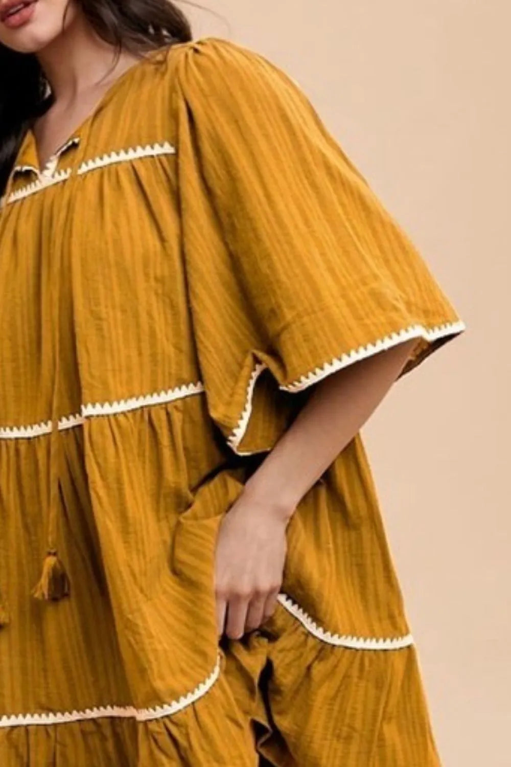 Tassel Contrast Trim Tie Neck Half Sleeve Tiered Dress - Mustard - product view 3
