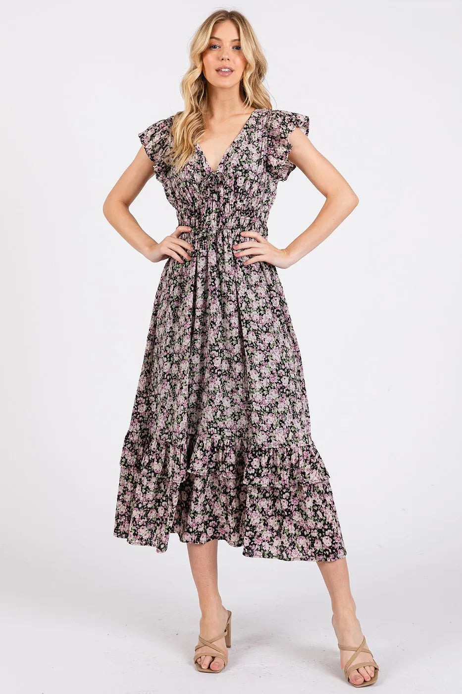 Flower Print Ruffle Cap Sleeve V-neck Midi Dress - Black - product view 3