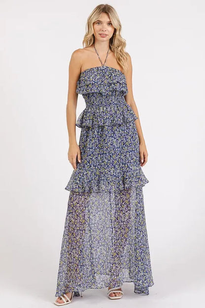 Ruffled Smocked Floral Halter Neck Maxi Dress - Dark Navy - product view 3