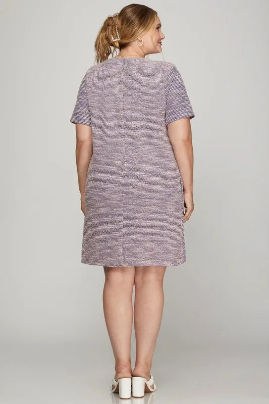 Full Size Short Sleeve Pearl Studded Trim Knit Tweed Dress Plus Size - Lilac - product view 3