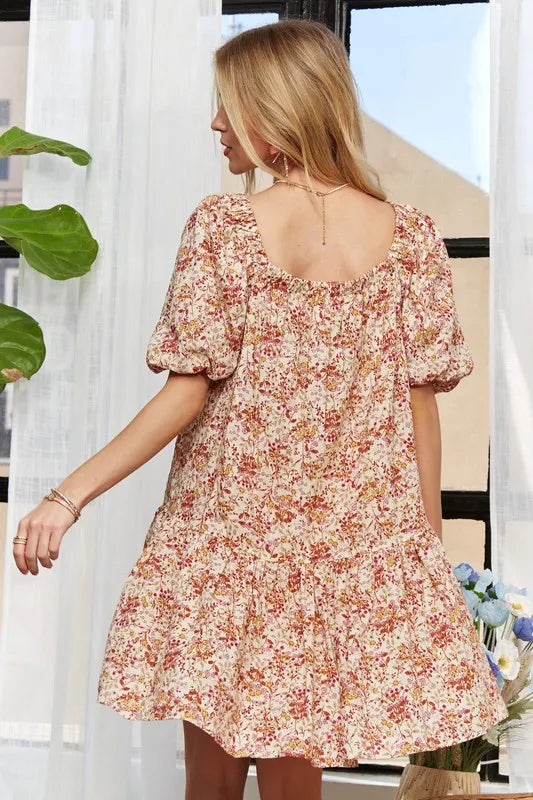 Floral Square Neck Puff Sleeve Dress - Orange - product view 4
