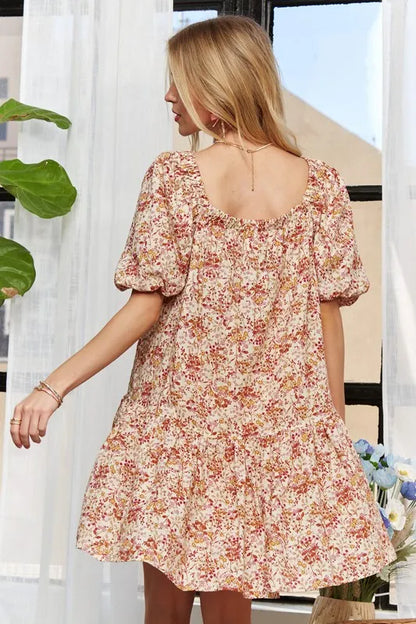 Floral Square Neck Puff Sleeve Dress - Orange - product view 4