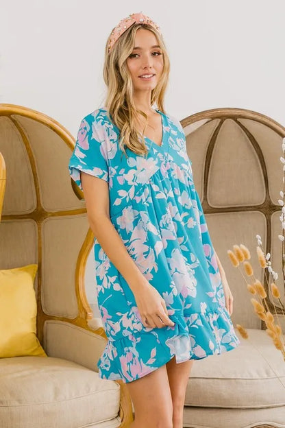 Floral Crinkle Shirred Ruffle Detail V Neck Dress in Soft Blue - product view 11