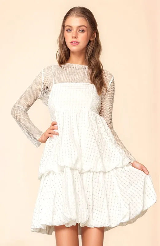 Checker Print Side Pockets Textured Mini Dress in White - product view 1