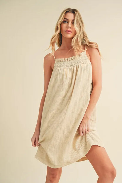 Embroidered Trim Gauze Square Neck Mini Cami Dress in Oatmeal - product view 1