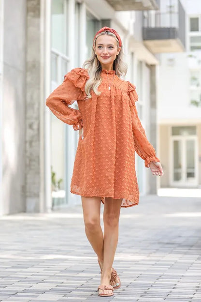 Lovely Ruffle Shoulder with Textured Woven Dress in Camel - product view 3