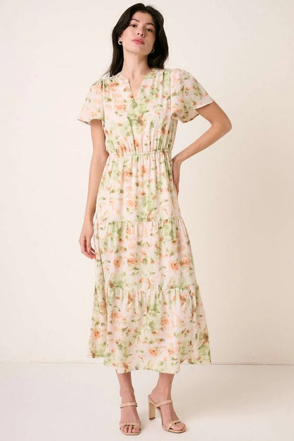 Flower Print Flutter Sleeve V Slit Maxi Dress - Sage - product view 2