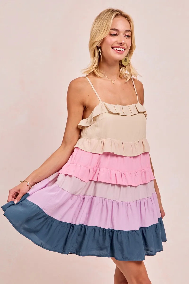 Color Blocked Tiered Dress - Cream/Pink/Lilc/Teal - product view 11