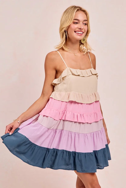 Color Blocked Tiered Dress - Cream/Pink/Lilc/Teal - product view 11