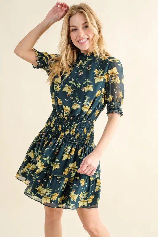Floral Print Smocked Waist Mini Dress in Hunter Green - product view 1