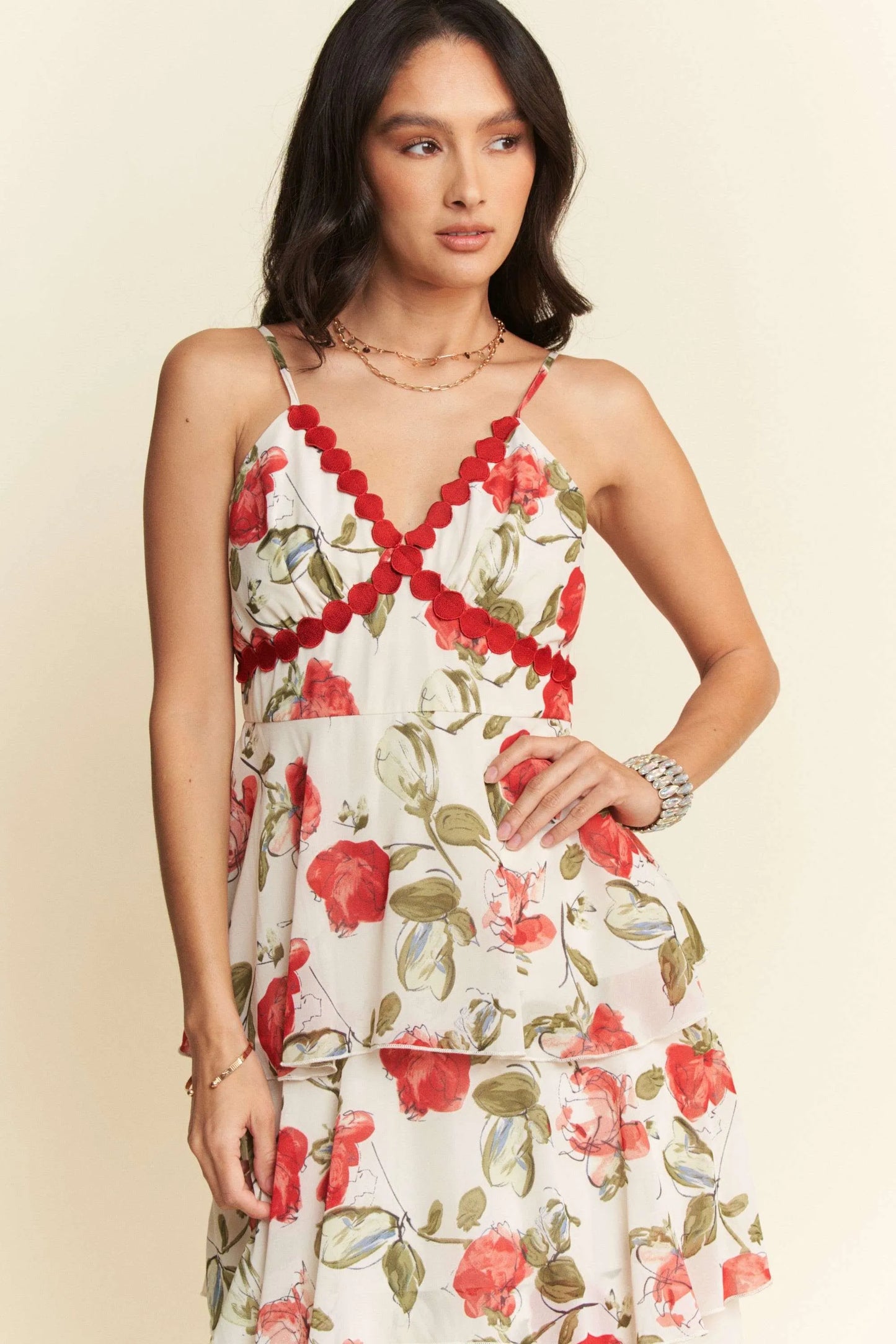 Contrast Ring Lace Layered Ruffle Maxi Cami Dress in Ivory Red - product view 7