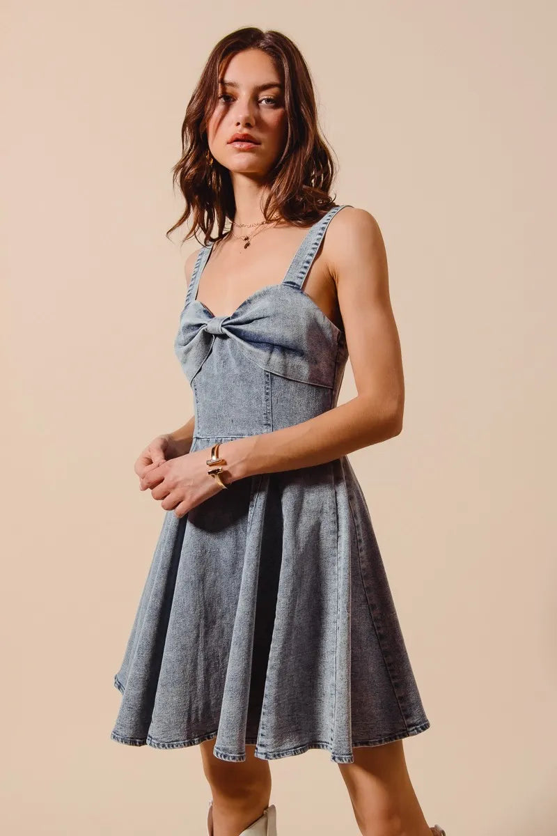 Mineral Washed Bow Ribbon Denim Flare Dress - product view 5