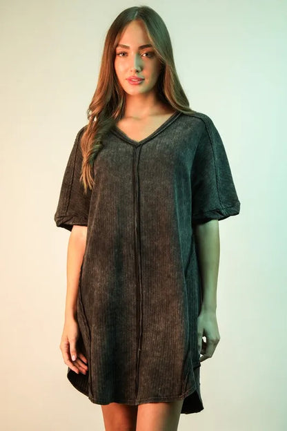 Mineral Washed Ribbed Knit Mini Dress in Black - product view 1