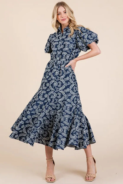 Natural Leaf Pattern Eyelet Lace Puff Sleeve Dress in Navy - product view 1