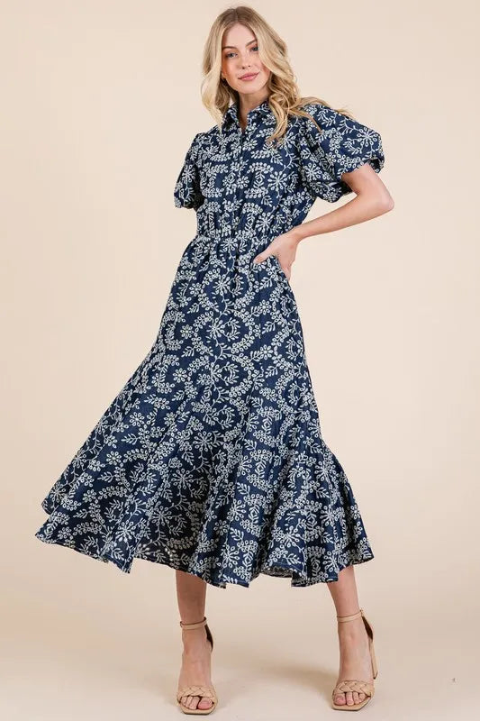 Natural Leaf Pattern Eyelet Lace Puff Sleeve Dress in Navy - product view 1