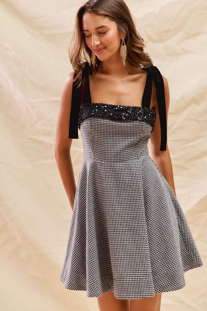 Houndstooth Fit Flare Mini Dress with Shoulder Tie in Black - product view 16