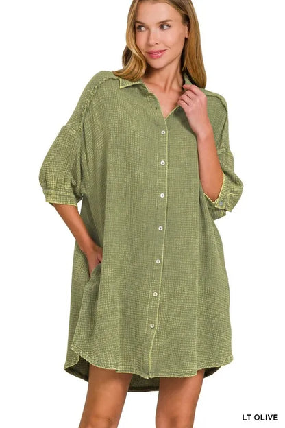 Washed Double Gauze Button Down Shirt Dress - Lt Olive - product view 4