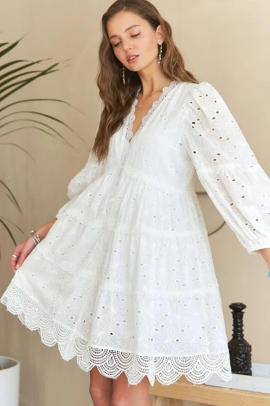 Lace Detail Tiered Eyelet V-Neck Babydoll Dress in White - product view 5