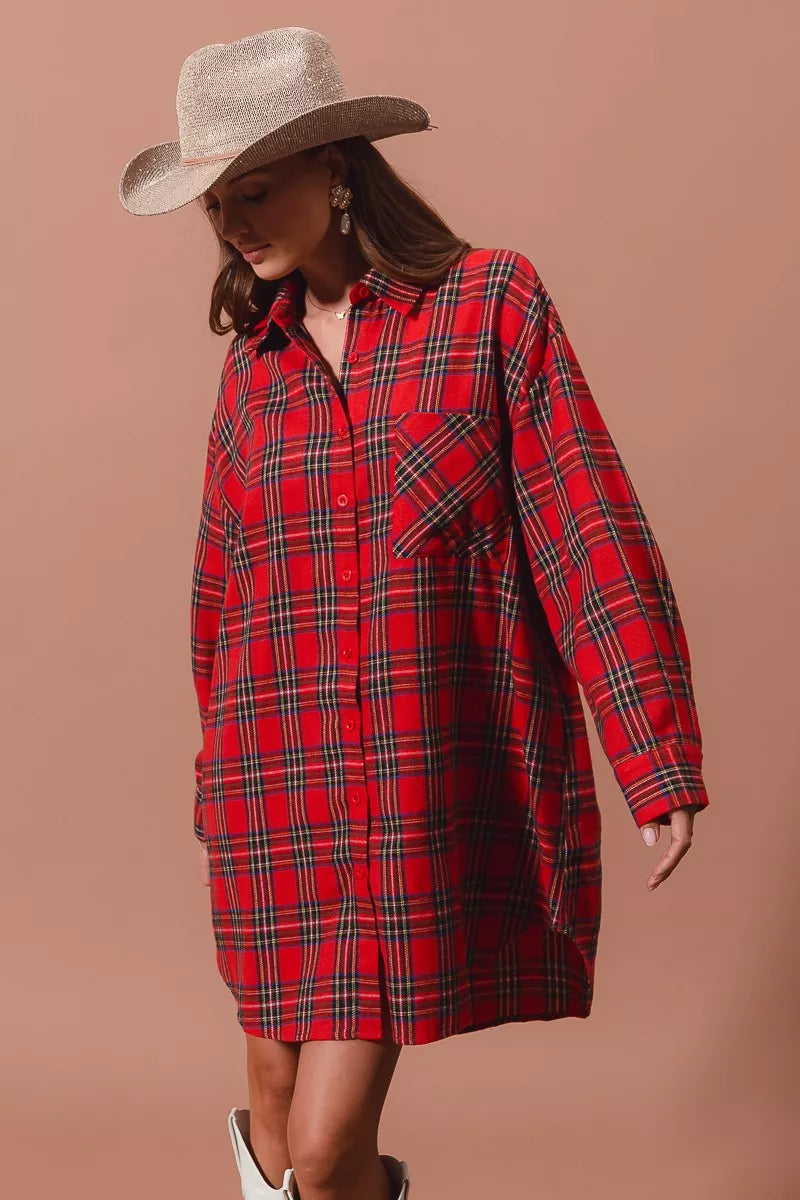 Christmas Checker Plaid Button Up Shirt Dress in Red Multi - product view 5