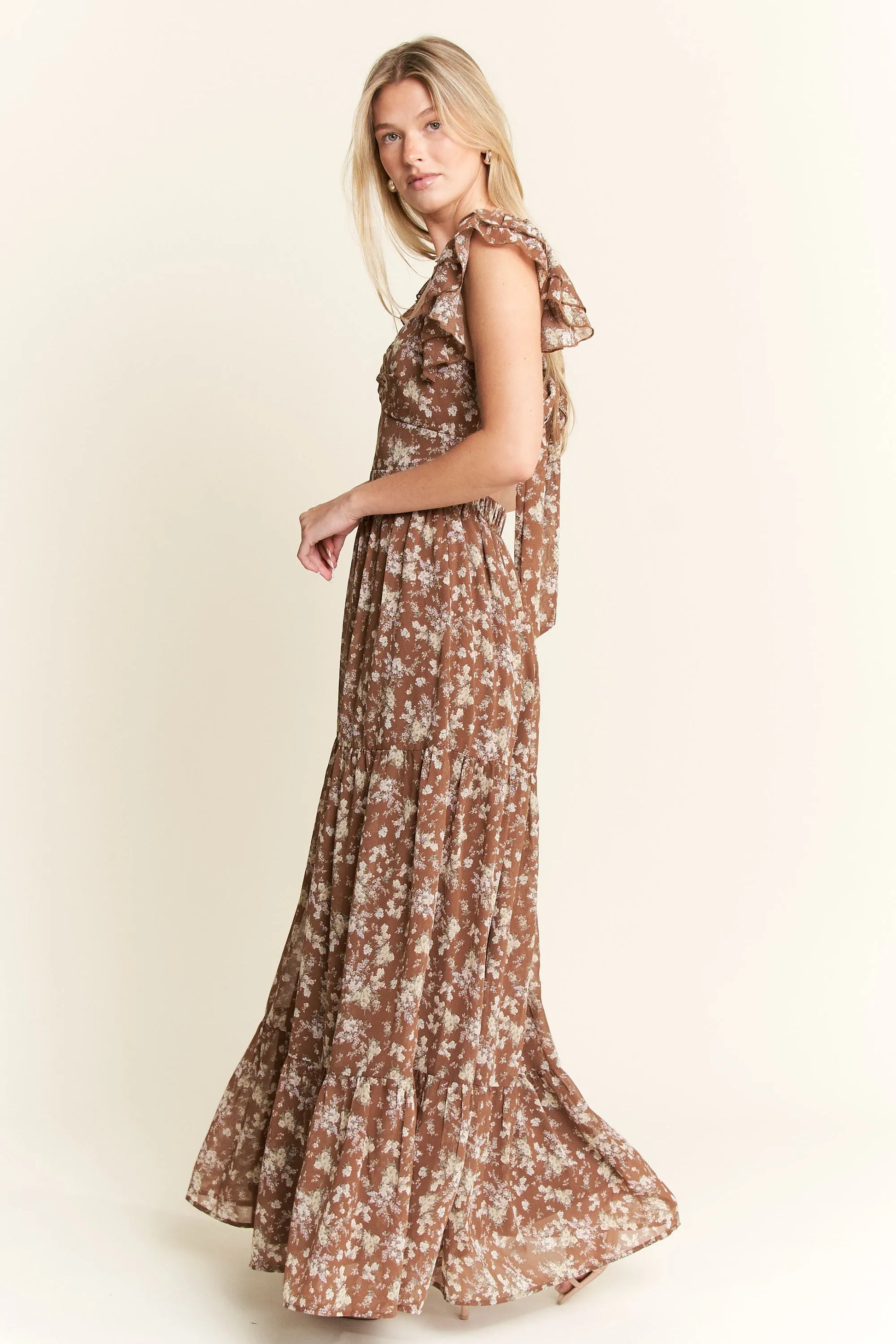 Ruffle Sleeve Tiered Maxi Dress - Mocha - product view 6