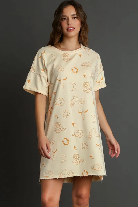 Full Size French Terry Short Sleeve Round Neck Dress Plus Size - Natural - product view 1