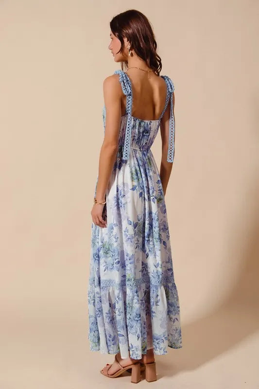 Floral Print Flowy Maxi Dress with Lace Ribbon Tie in Off White/Blue - product view 3