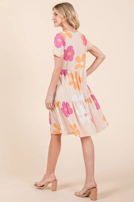 Floral Round Neck Short Sleeve Tiered Dress - Apricot - product view 4