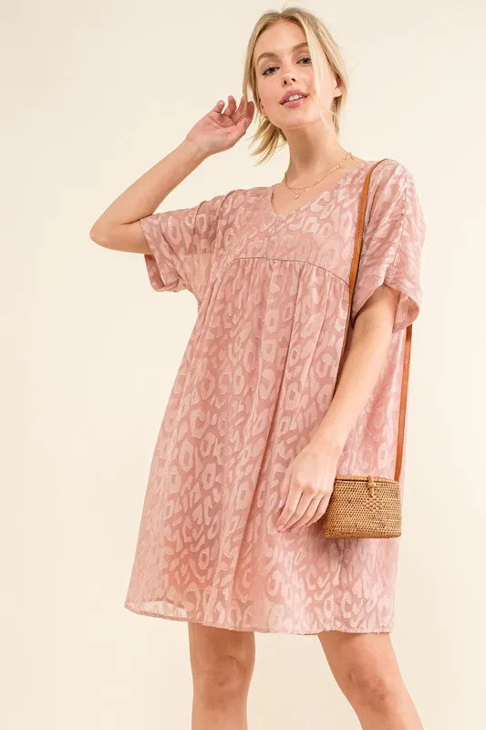 Woven Leopard Baby Doll Roll-Sleeve Casual Dress - Mauve - product view 1