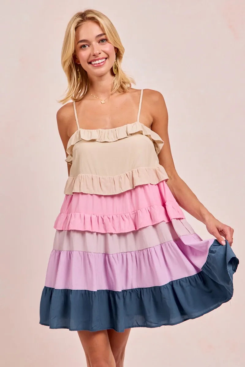 Color Blocked Tiered Dress - Cream/Pink/Lilc/Teal - product view 5