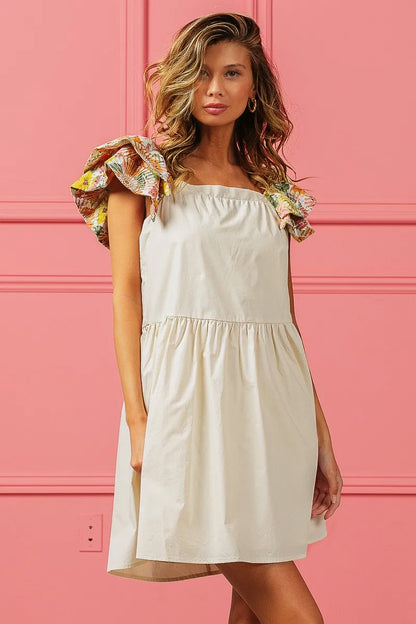 Flower Embroidered Floral Print Sleeve Dress in Oatmeal - product view 3