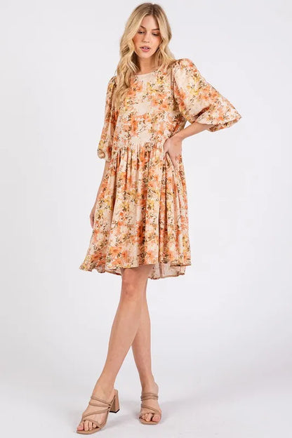 Flower Print Linen Blend Babydoll Mini Dress in Tangerine - product view 4
