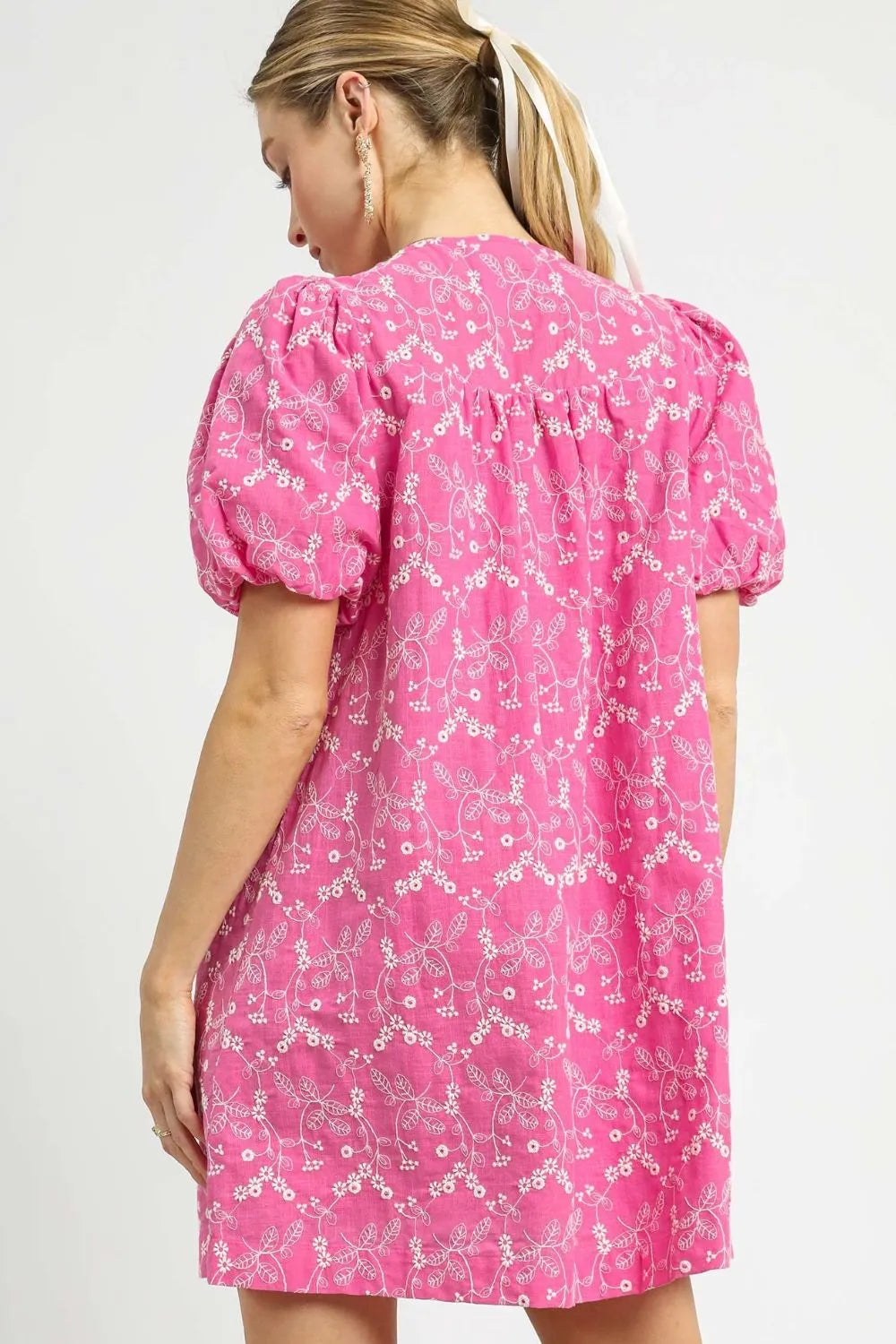 Floral Puff Sleeve V-Neck Mini Dress in Hot Pink - product view 3