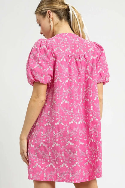 Floral Puff Sleeve V-Neck Mini Dress in Hot Pink - product view 3
