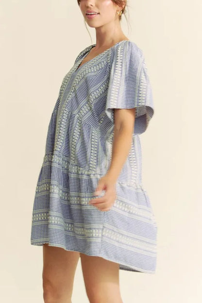 Embroidered Stripe Ruffled Gingham Mini Dress in Navy Blue - product view 6