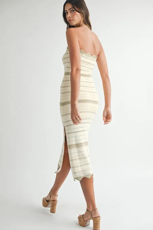 Contrast Striped Crochet Knit Midi Dress in Lt Taupe - product view 8