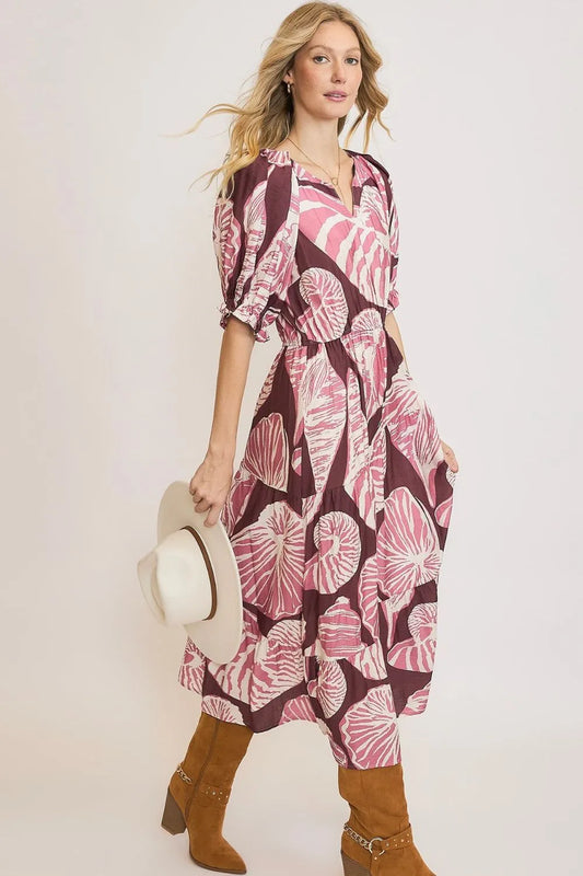 Full Size Printed Notched Puff Sleeve Midi Dress Plus Size - Plum/Mauve - product view 2