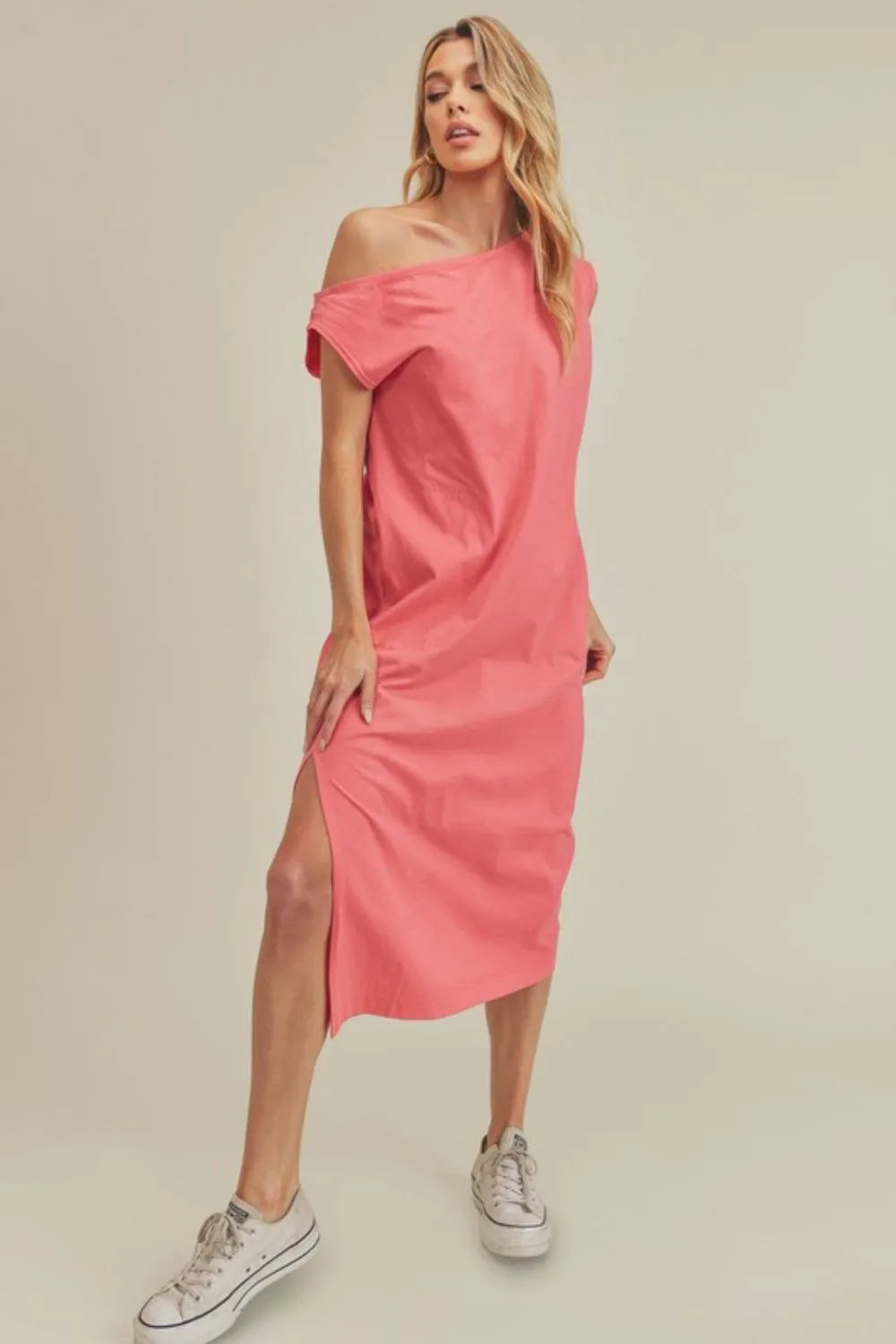 Side Slit Round Neck Sleeveless Midi Dress - Coral - product view 1