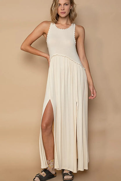 Sleeveless Back Zipper Front Slit Maxi Dress in Cream - product view 1