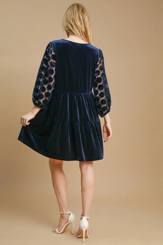 Dotted Lace Sleeve Tiered Velvet Mini Dress - Navy - product view 2