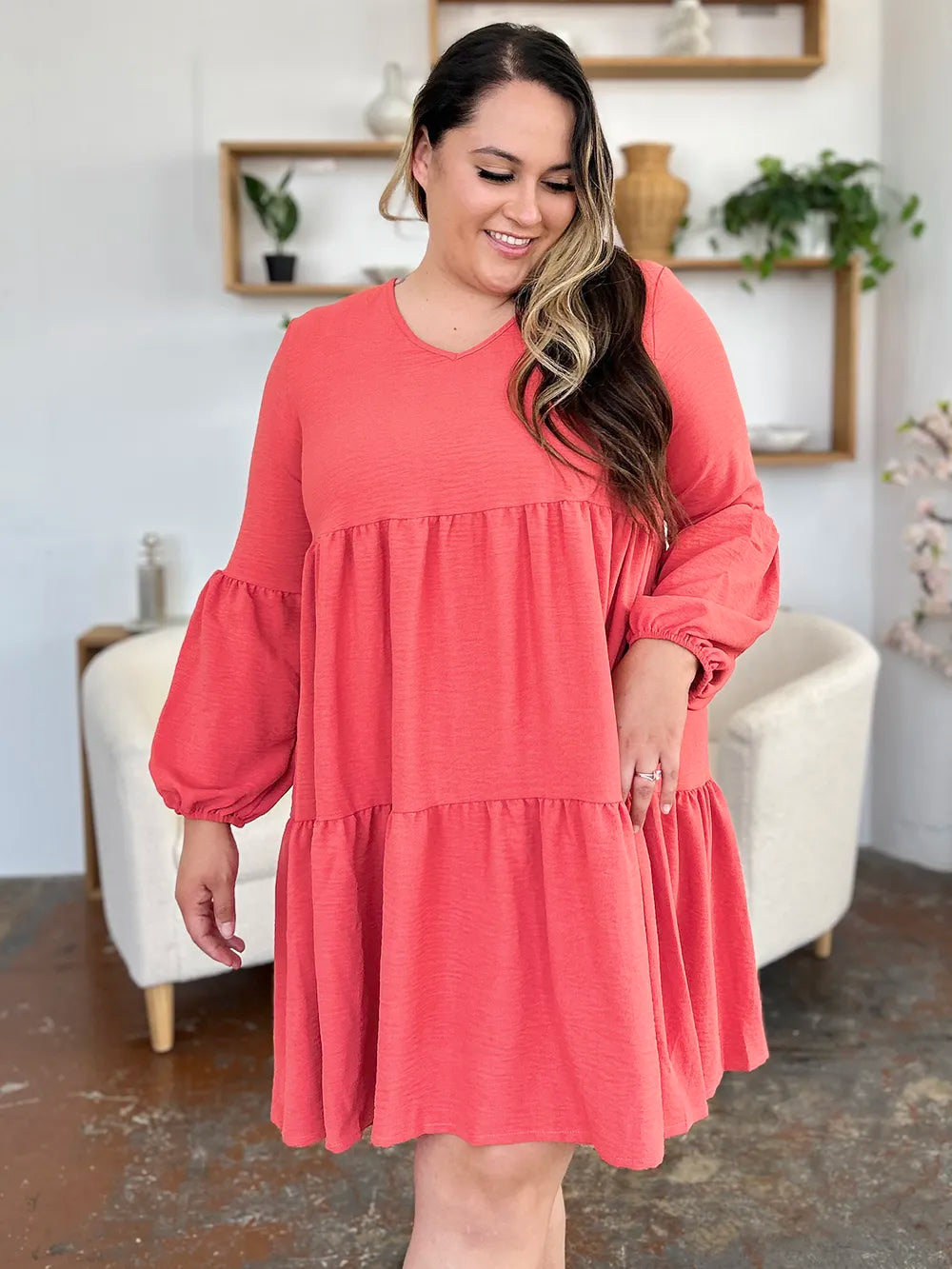 Full Size V-Neck Balloon Sleeve Tiered Dress with Pockets in Light Green, Pink and more - product view 16